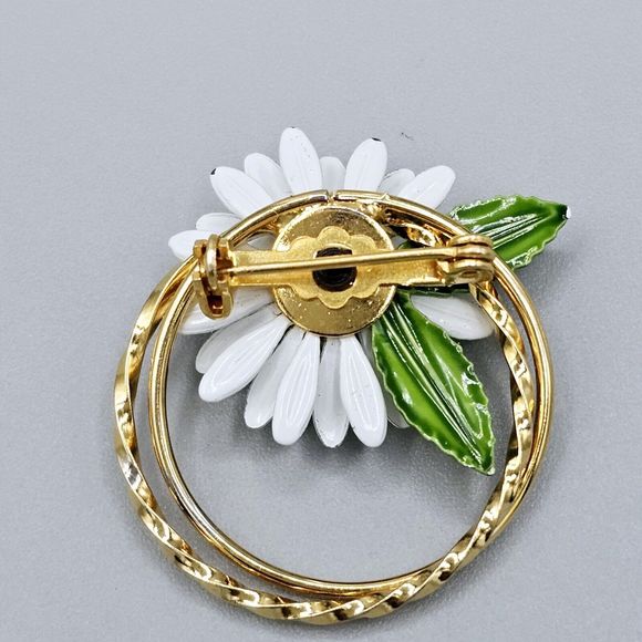 Daisy Flower Brooch Vintage Enamel Double Circle 10k Gold Plated 3D Jewelry - Picture 6 of 9